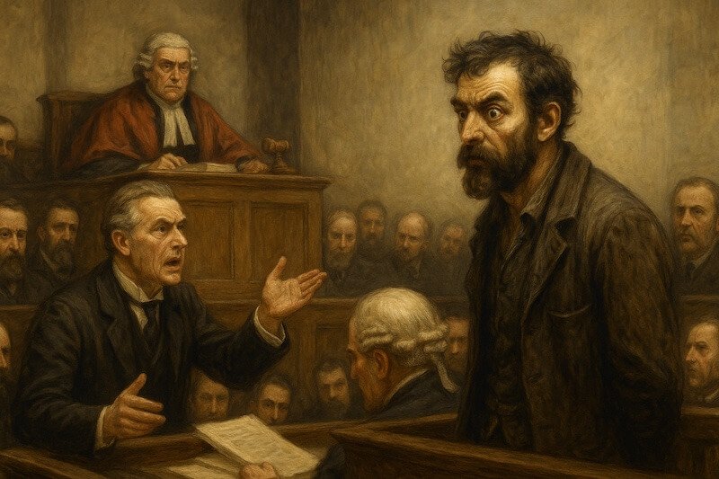 Depiction of Jack the Ripper in court, eyes wild, his defence council putting in an insanity plea on his behalf